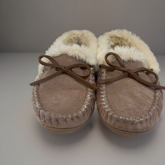 J. CREW‎ Moccasin Slippers Women’s Size 6 Suede Faux Shearling Fuzzy - Picture 2 of 9
